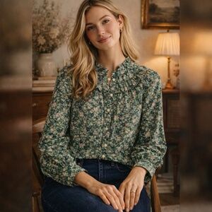 Boden Green Floral Ruffle Neck Blouse Women’s US 10 Long Sleeve 100% Cotton